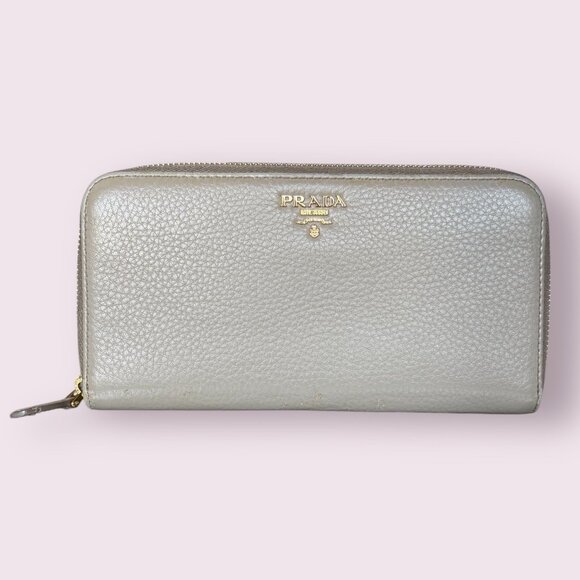 Authentic Prada Taupe Pebbled Leather Zip Around Wallet - Picture 2 of 9